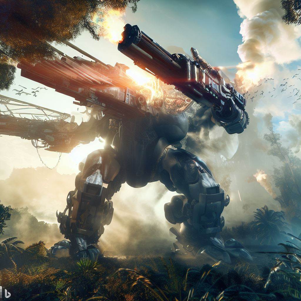giant future mech dinosaur with glass body firing guns in jungle, wildlife in foreground, smoke, detailed clouds, lens flare, fish-eye lens 1.jpg